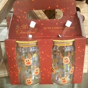 Set of Two Reindeer Glass Tumbler Gift set with Straws